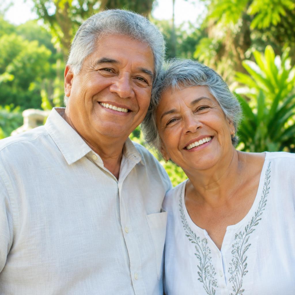 Casal da terceira idade sorrindo em um jardim